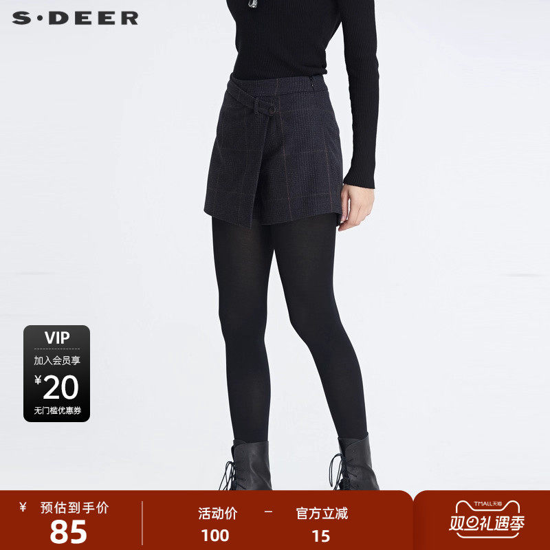 sdeer圣迪奥女装复古格纹搭片拼接毛呢短裤季裤子女S20480