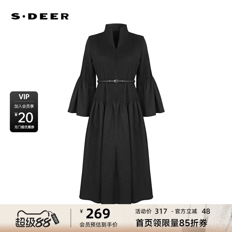 sdeer圣迪奥女装V领风琴褶收腰喇叭袖连衣裙S233Z12X6