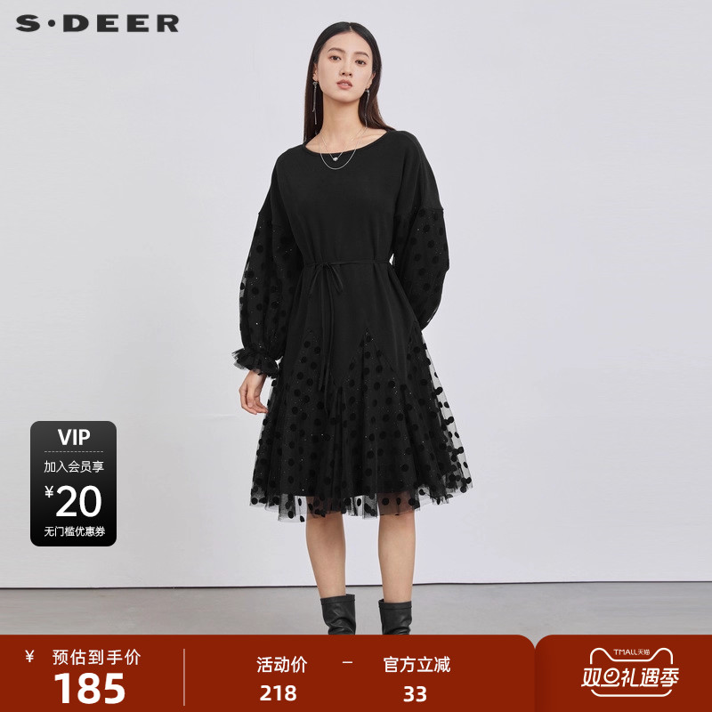 s.deer收腰波点网纱长袖连衣裙