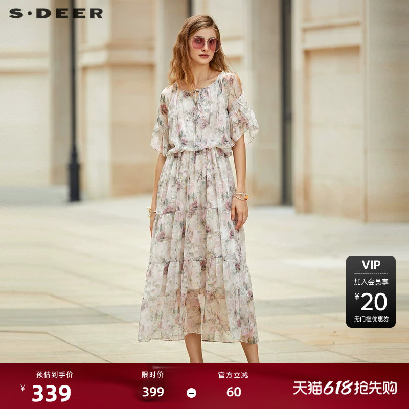 sdeer圣迪奥女装清新系带圆领露肩印花连衣裙S232Z12AR