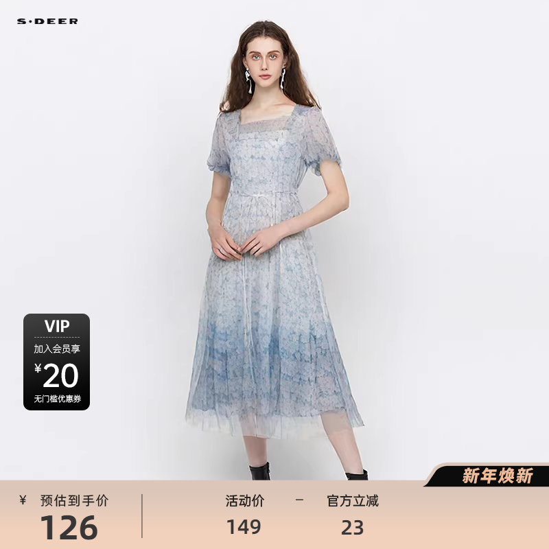 sdeer圣迪奥方领碎花收腰网纱泡泡袖连衣裙S223Z12Z7