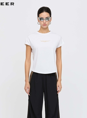sdeer圣迪奥女装【凉感因子】时尚圆领撞色字母短袖T恤S252Z0114