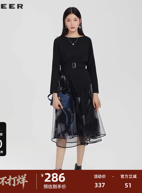 sdeer圣迪奥女装圆领收腰印花网纱长袖连衣裙S231Z1263