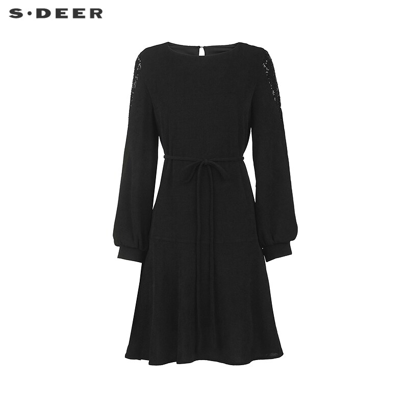 sdeer圣迪奥女装25年新品复古圆领镂空拼接收腰连衣裙S253Z1236
