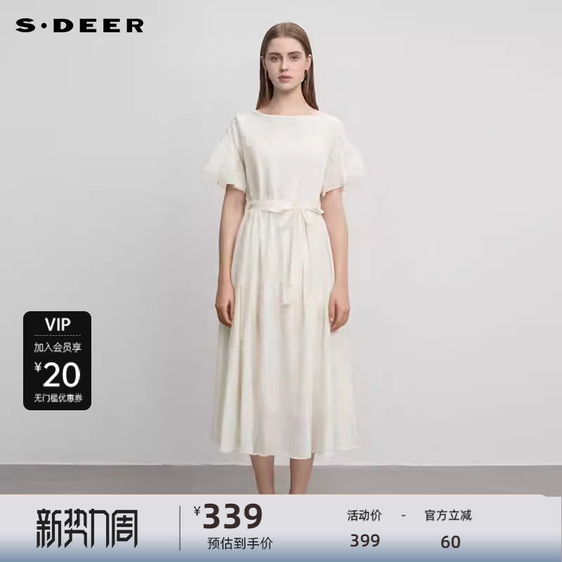 sdeer圣迪奥女装25年新品田园风圆领绣花收腰连衣裙S252Z