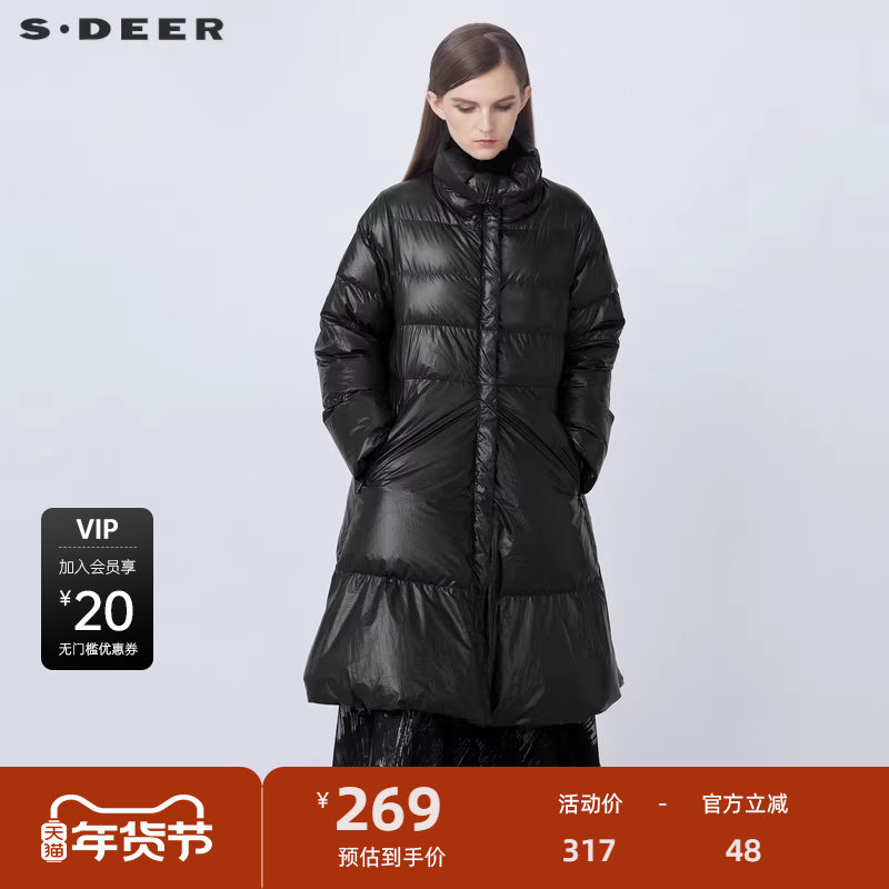 【反季清仓】sdeer圣迪奥亮面宽松A字黑色长款羽绒服S21482406