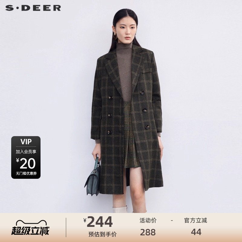 s.deer西装领双排扣格纹毛呢大衣