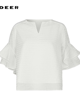 sdeer圣迪奥女装田园风V领网纱喇叭袖衬衫S242Z0456
