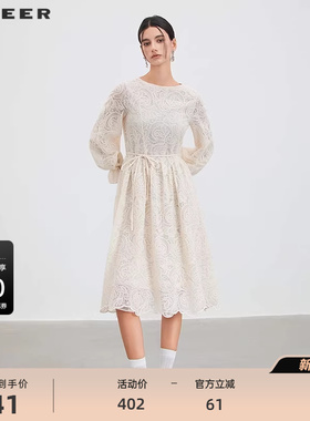 sdeer圣迪奥女装25年新品圆领绣花蕾丝网纱灯笼袖连衣裙S253Z12B3