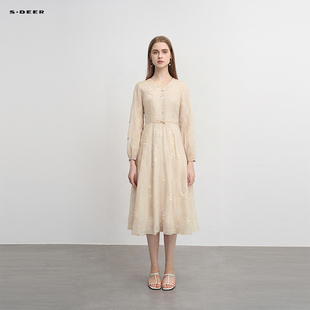 sdeer圣迪奥女装 V领收腰网纱印花连衣裙S243Z1252 法式