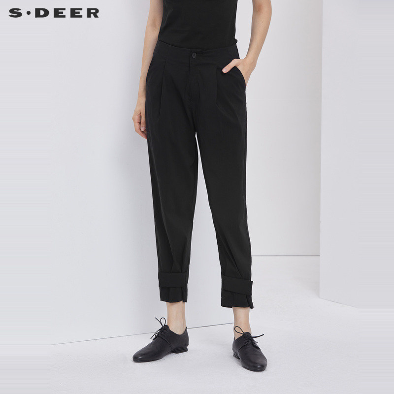 sdeer圣迪奥女装休闲插袋拼接黑色哈伦裤S21280845