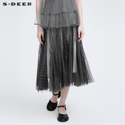 sdeer圣迪奥女装松紧网纱亮片不规则A字长裙S222Z11A3