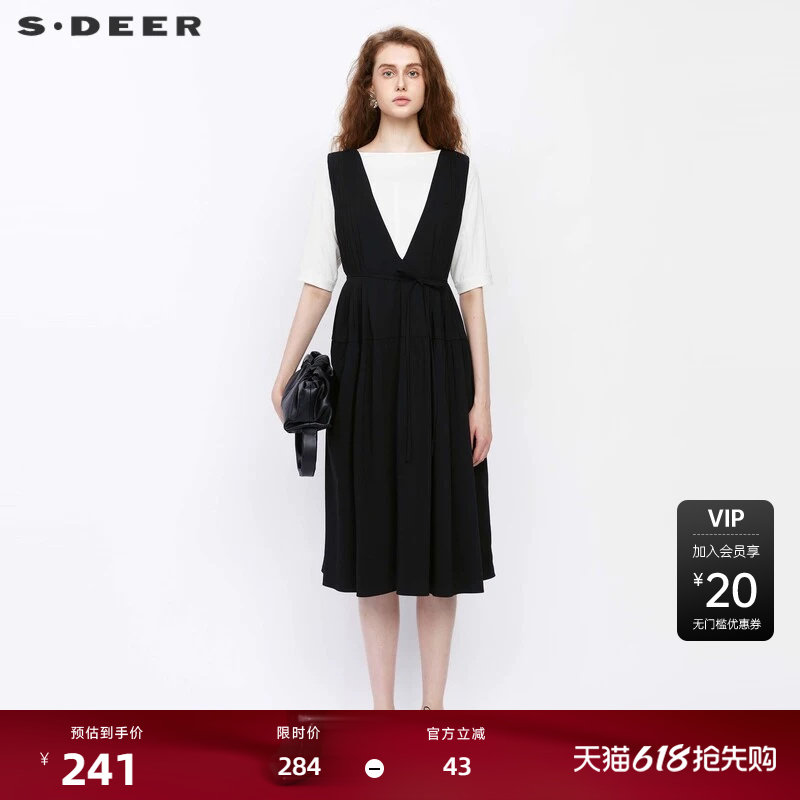【新品上新】sdeer圣迪奥复古优雅收腰碎褶背带连S242Z12