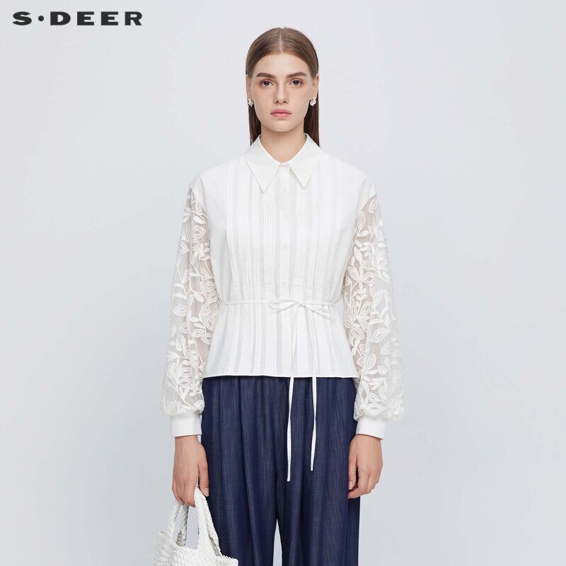 sdeer圣迪奥女装法式翻领风琴褶收腰绣花网纱衬衫S243Z0518