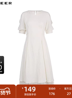 sdeer圣迪奥女装V领网纱拼接短袖连衣裙S223Z122W