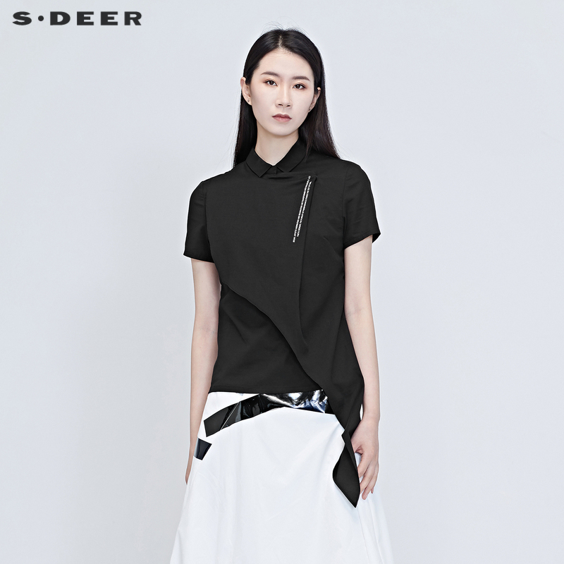 sdeer圣迪奥高级感夏装新品翻领拼接印花短袖衬衫S20280435