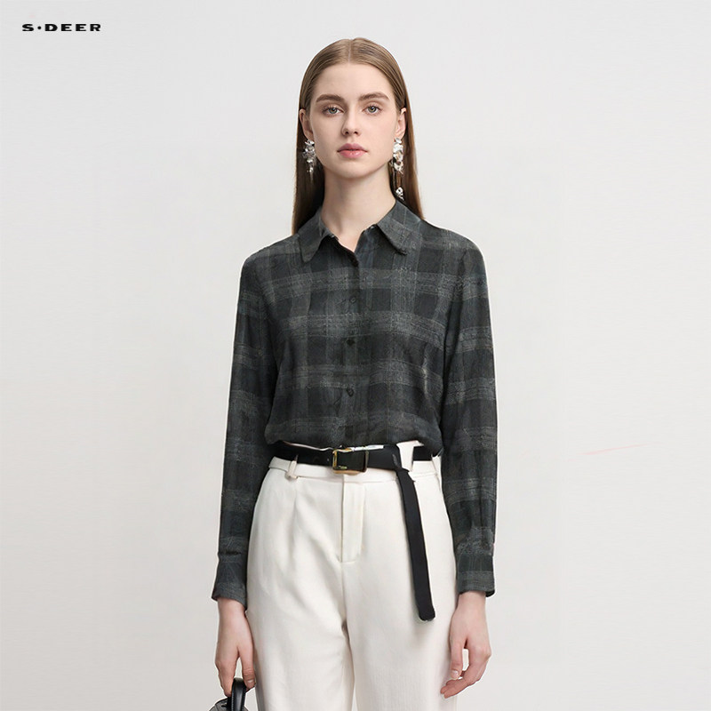 sdeer圣迪奥女装复古翻领撞色格纹长袖衬衫S234Z0510,女装/女士精品,衬衫,淘宝优惠券,粉丝福利购,淘宝优惠卷
