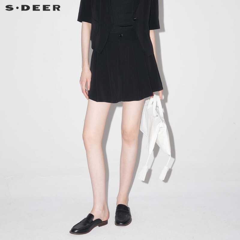 sdeer圣迪奥女装OL风复古高腰压褶插袋A字短裤S24260903