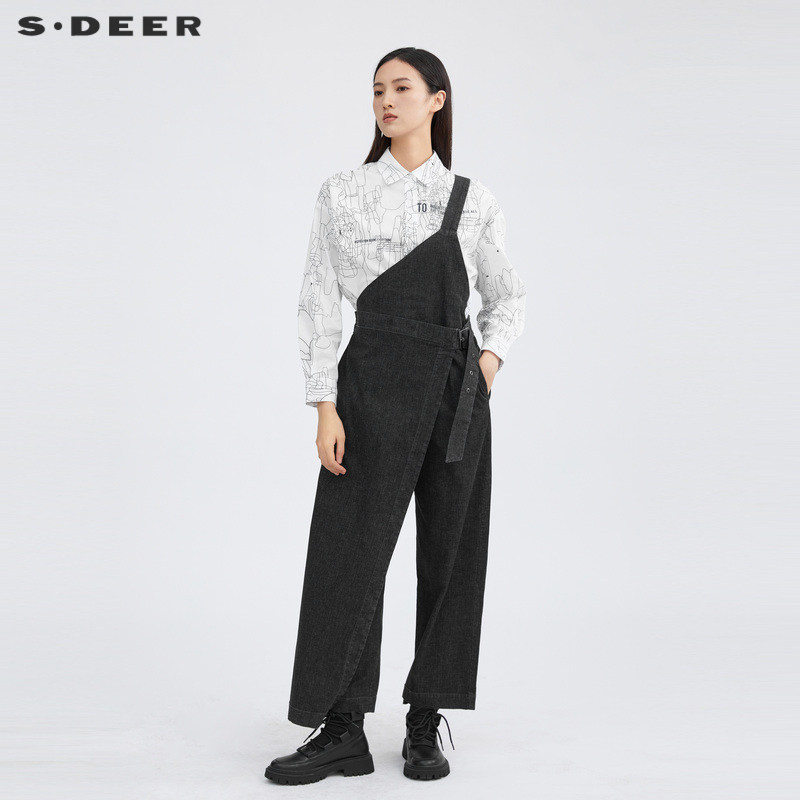 sdeer圣迪奥女装拼接不对称背带牛仔长裤S222Z1001