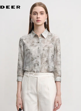 sdeer圣迪奥女装翻领印花吊带两件套长袖衬衫S242Z0505