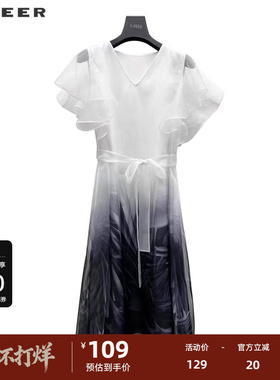 sdeer圣迪奥女装V领收腰晕染欧根纱短袖连衣裙S223Z124G