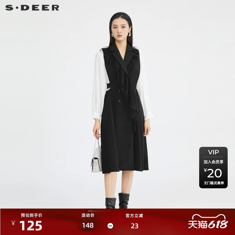 S·DEER圣迪奥女装西装领网纱撞色拼接长款风衣S223Z1821