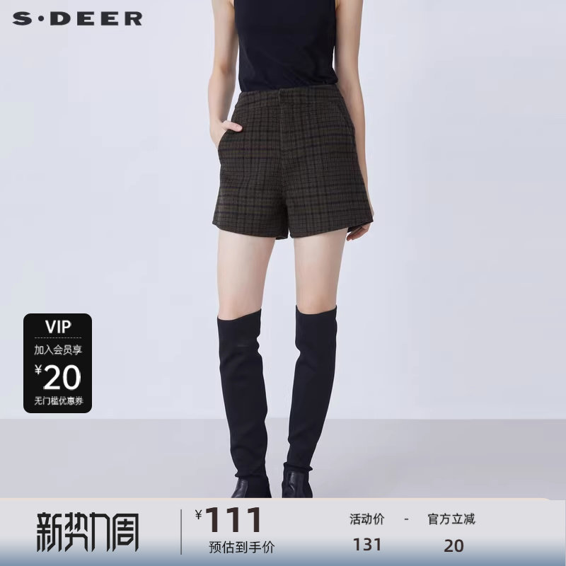 S·DEER圣迪奥女装冬季时尚休闲撞色格纹毛呢A字短裤S2148