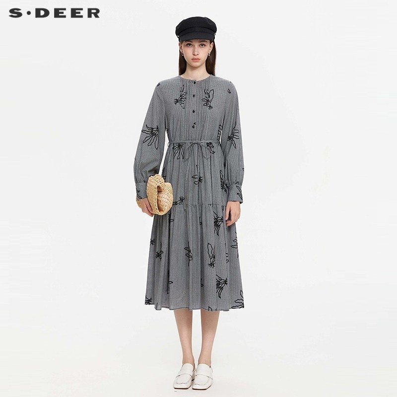 sdeer圣迪奥女装25年新品复古圆领绣花网纱格纹连衣裙S253Z1270