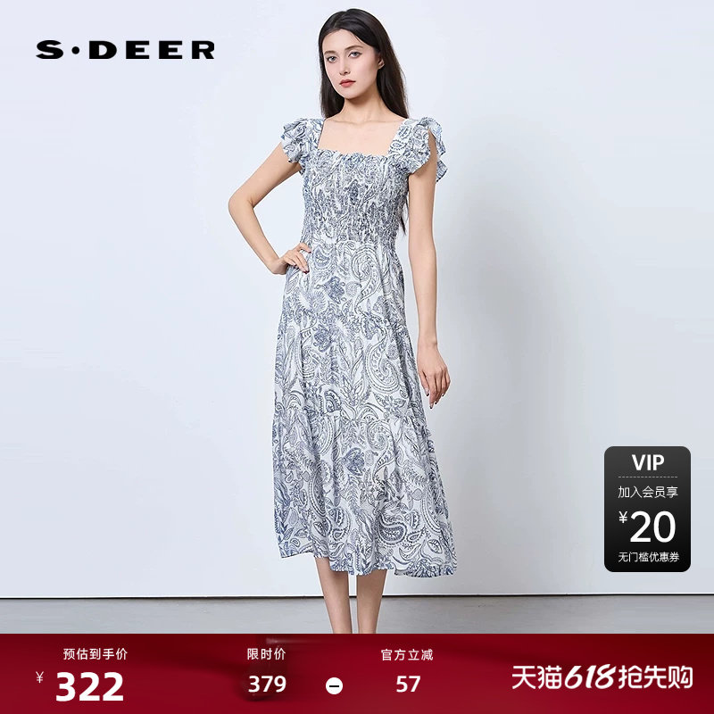 sdeer圣迪奥女装25年新品度假风方领印花荷叶边连衣裙S252