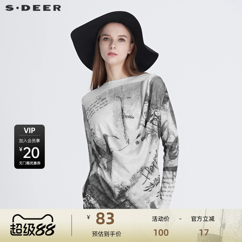 sdeer圣迪奥女装休闲圆领字母印花长袖T恤S20480221