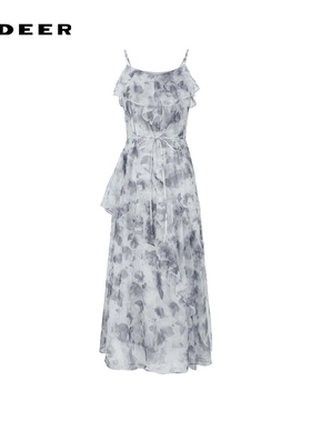 sdeer圣迪奥女装优雅荷叶边晕染网纱吊带连衣裙S242Z1252