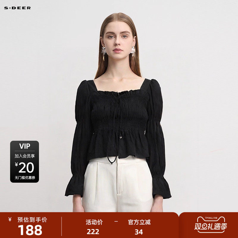 sdeer圣迪奥女装秋甜美方领肌理拼接系带长袖衬衫S241Z05