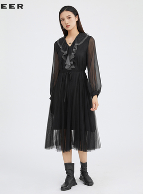 sdeer圣迪奥女装V领收腰雪纺网纱长袖连衣裙S223Z128L