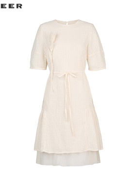 sdeer圣迪奥女装25年新品圆领花朵格子网纱短袖连衣裙S252Z1284