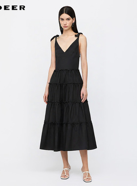 sdeer圣迪奥女装25年新品田园风V领碎褶不规则背带裙S252Z2902