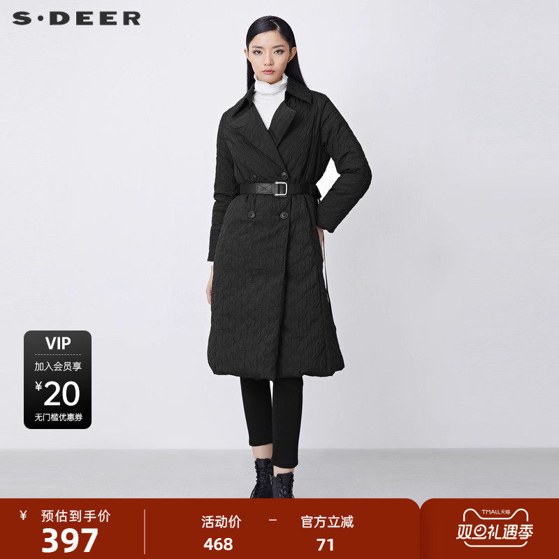 sdeer圣迪奥女装休闲翻领双排扣肌理收腰长款羽绒服S21482458