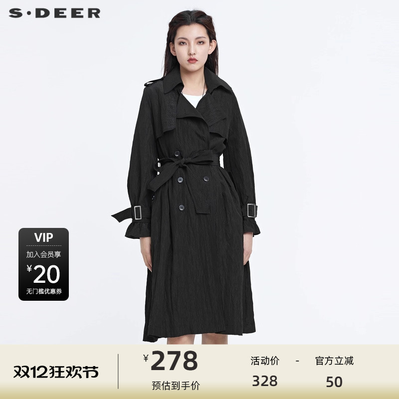 s.deer双排扣中长款风衣外套