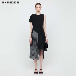 sdeer圣迪奥女装不规则网纱拼接两件套吊带连衣裙S20281293