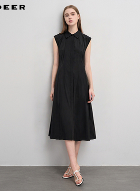 sdeer圣迪奥女装休闲翻领拼接宽松无袖连衣裙S252Z1220