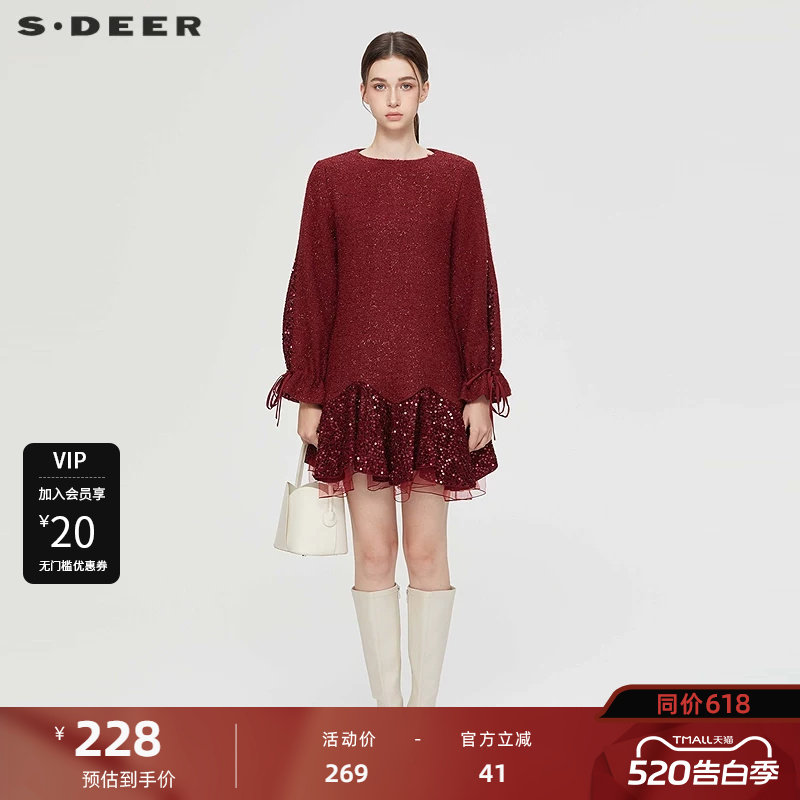sdeer圣迪奥女装复古圆领系带网纱亮片毛呢外套S234Z226