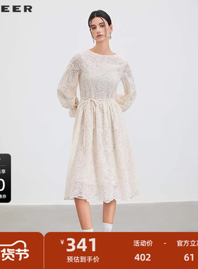 sdeer圣迪奥女装25年新品圆领绣花蕾丝网纱灯笼袖连衣裙S253Z12B3