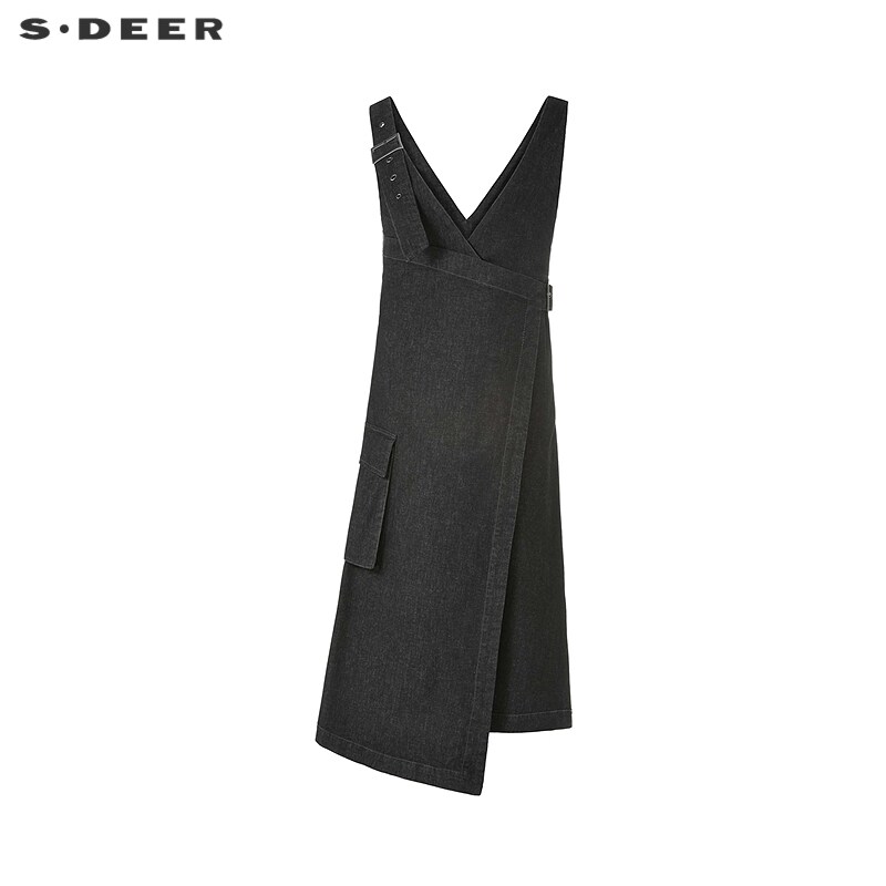 sdeer圣迪奥女装个性收腰拼接牛仔背带连衣裙S222Z1236