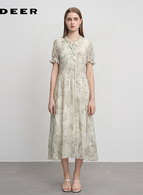 S·DEER圣迪奥女装木耳边圆领印花新中式连衣裙套装S242Z1456