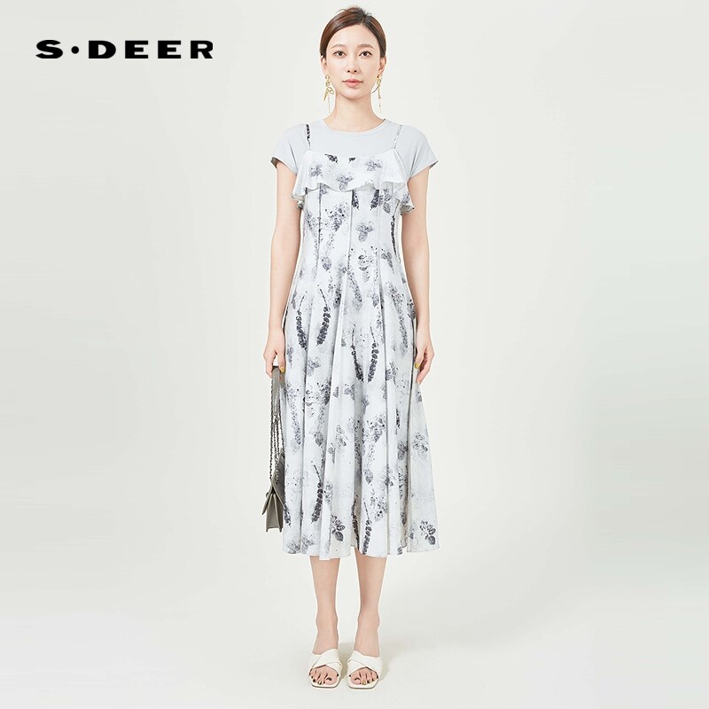 sdeer圣迪奥女装复古印花针织短袖吊带裙套装S242Z1447