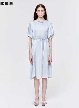 S·DEER圣迪奥女装圆领风琴褶收腰泡泡袖连衣裙S223Z12H1