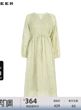 sdeer圣迪奥女装25年新品度假风圆领绣花收腰长袖连衣裙S252Z1289