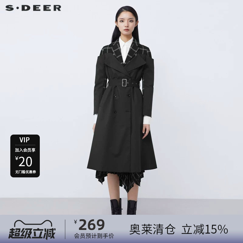 sdeer圣迪奥女装2025秋款休闲西装领格纹拼接长款风衣S21381808
