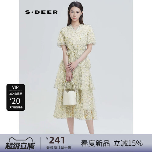 s.deerV领碎花网纱泡泡袖连衣裙