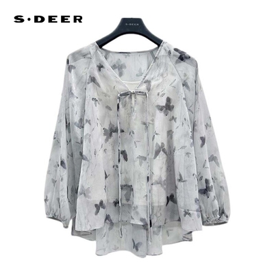 sdeer圣迪奥女装新中式盘扣印花吊带两件套衬衫S242Z0447