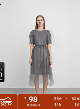 sdeer圣迪奥女装圆领肌理网纱收腰泡泡袖连衣裙S223Z12H2